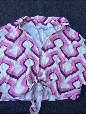 Zara Cream Shirt with Pink & Magenta Geometric Print, Tie-Front